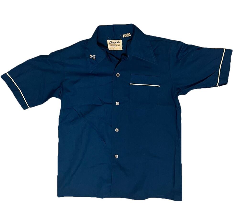 VTG 70s King Louie Bowling Shirt Kids Dagger Collar Blue Brunswick Award Patches